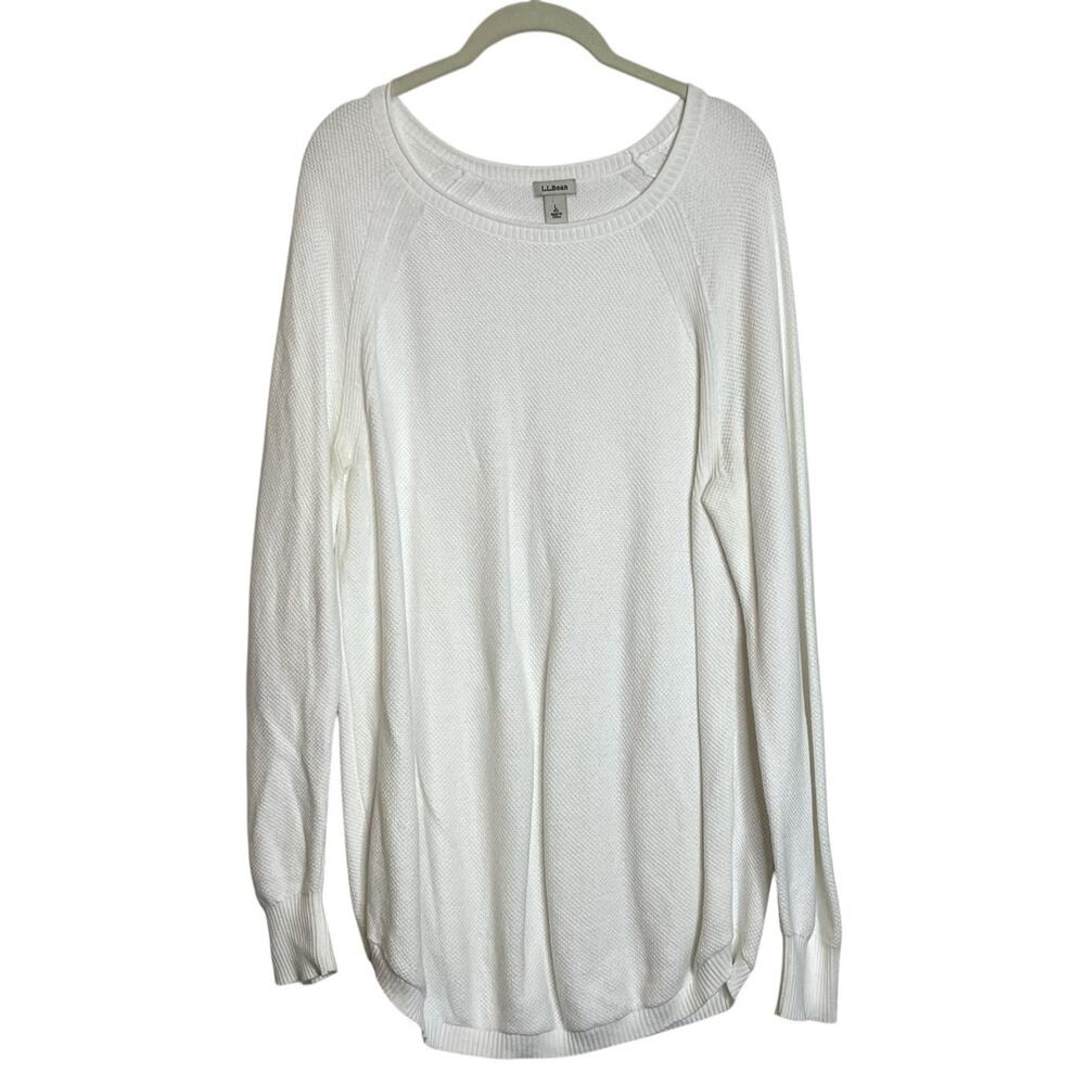 LL Bean Textured Cotton Pullover Tunic Sweater Large White Raglan Sleeve